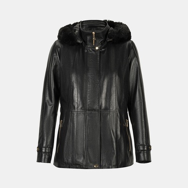  Kadın Siyah Kapüşonlu Deri Mont
