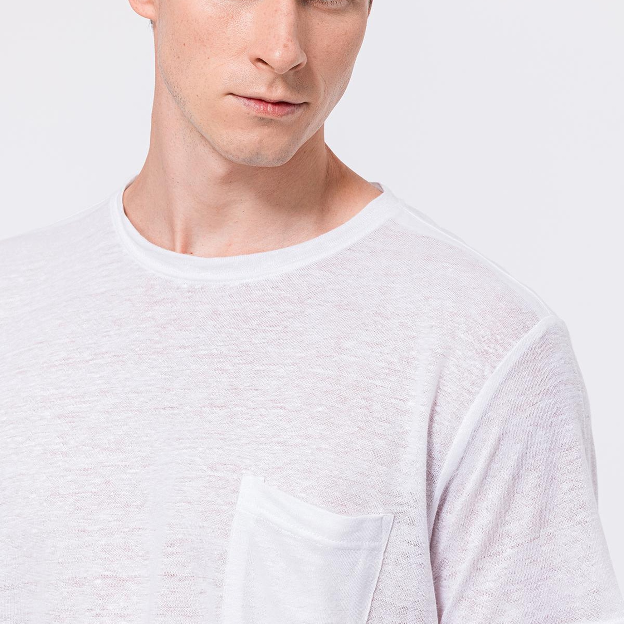 Erkek Beyaz Bisiklet Yaka Keten T-Shirt