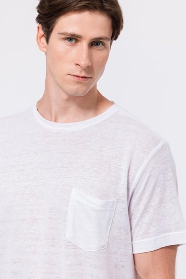  Erkek Beyaz Bisiklet Yaka Keten T-Shirt