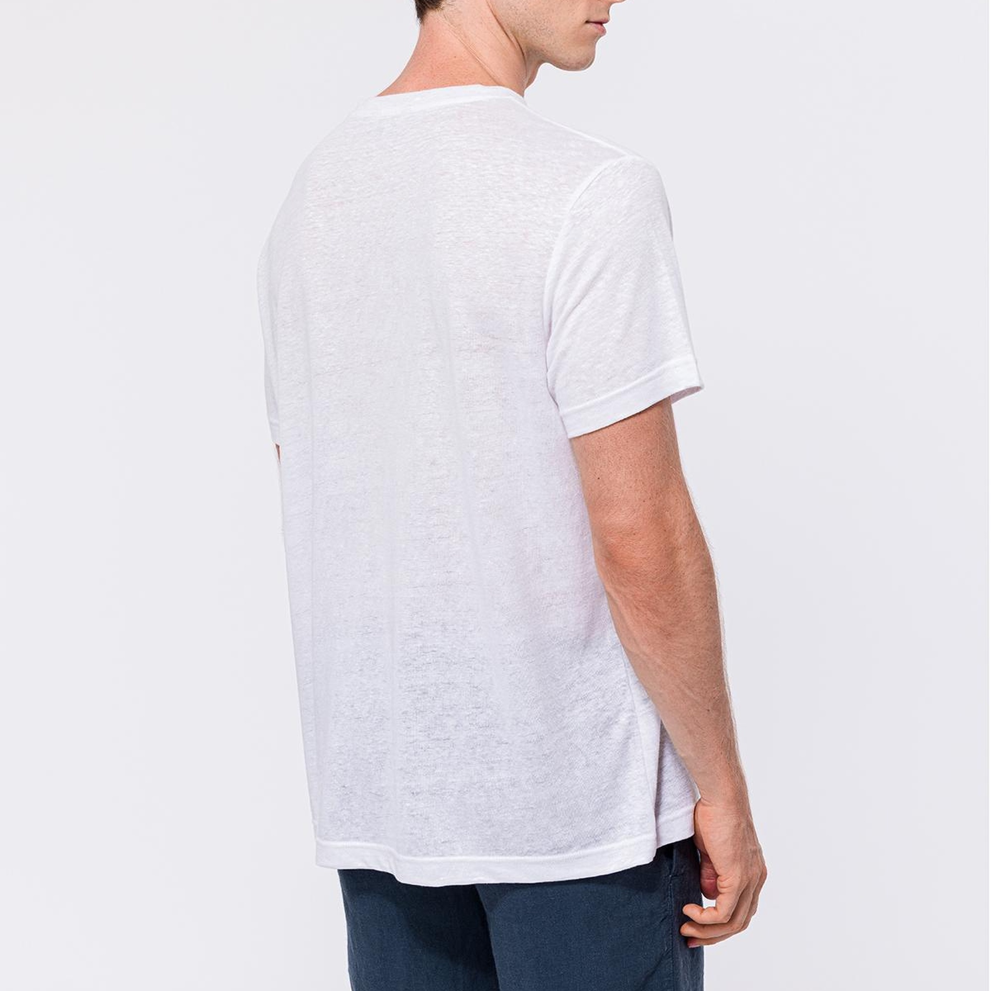 Erkek Beyaz Bisiklet Yaka Keten T-Shirt