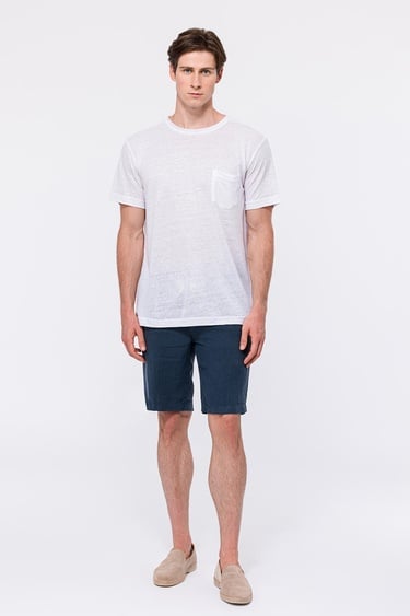  Erkek Beyaz Bisiklet Yaka Keten T-Shirt