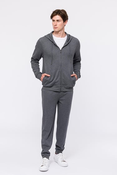  Erkek Gri Melanj Tam Fermuarlı Organik Pamuklu Kapüşonlu Sweatshirt