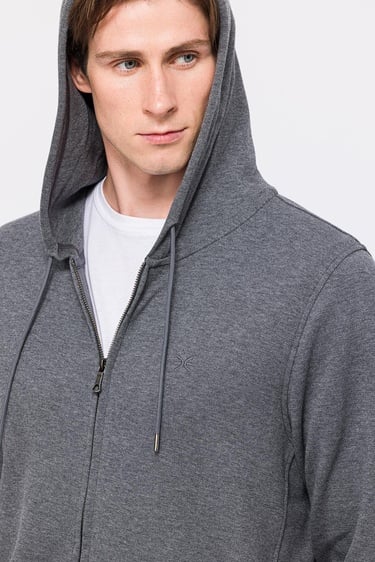  Erkek Gri Melanj Tam Fermuarlı Organik Pamuklu Kapüşonlu Sweatshirt