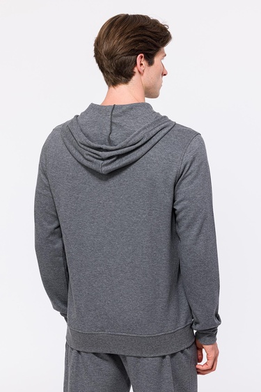  Erkek Gri Melanj Tam Fermuarlı Organik Pamuklu Kapüşonlu Sweatshirt