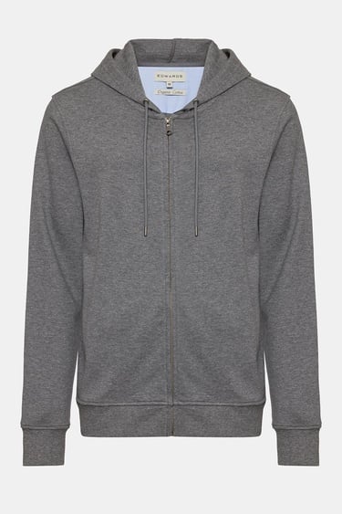  Erkek Gri Melanj Tam Fermuarlı Organik Pamuklu Kapüşonlu Sweatshirt