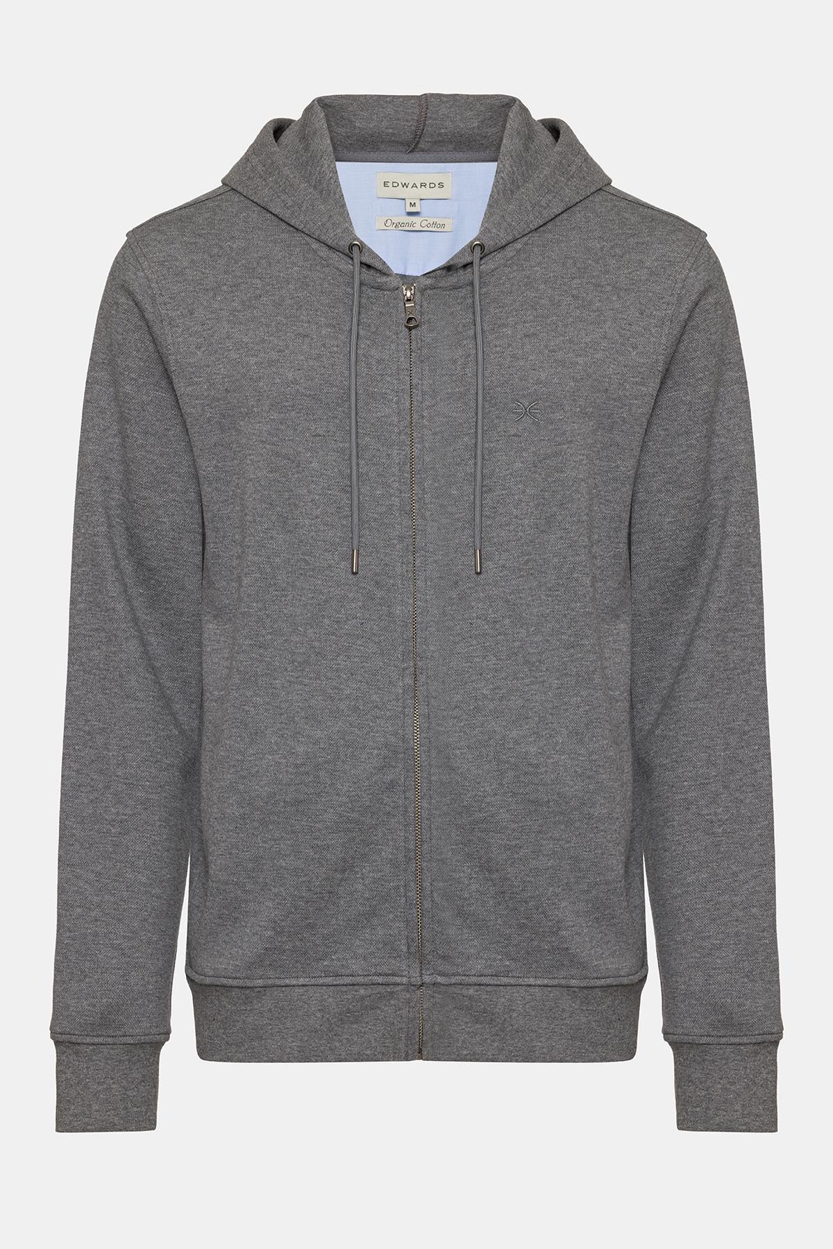  Erkek Gri Melanj Tam Fermuarlı Organik Pamuklu Kapüşonlu Sweatshirt