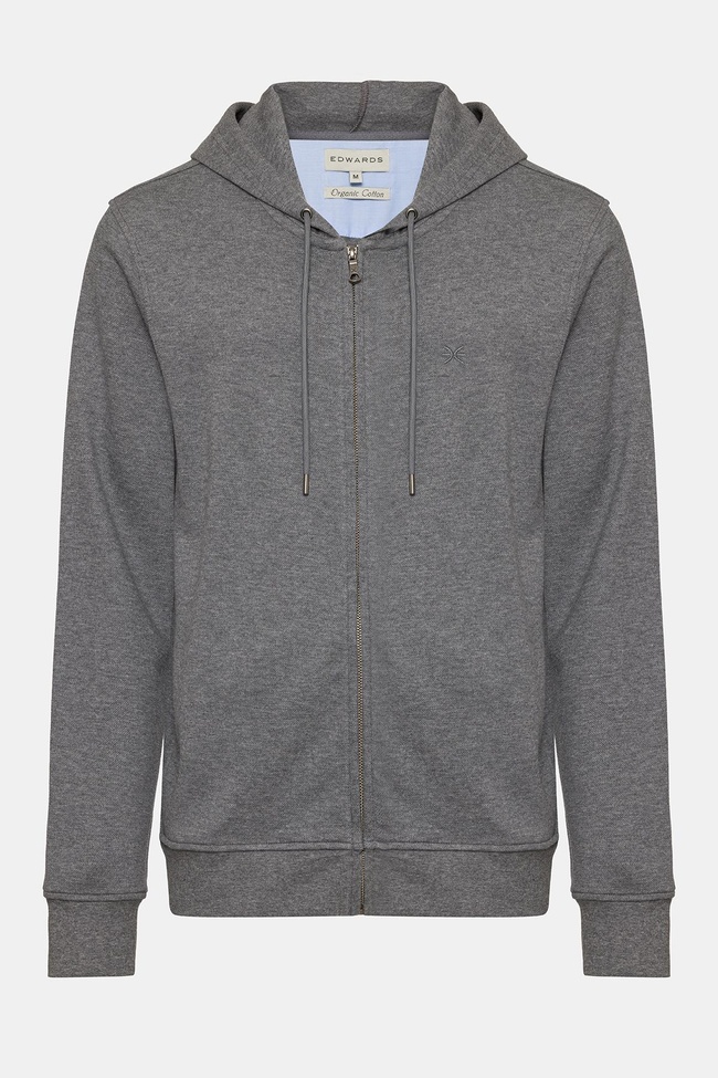  Erkek Gri Melanj Tam Fermuarlı Organik Pamuklu Kapüşonlu Sweatshirt