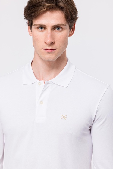  Erkek Beyaz Uzun Kollu Polo Yaka T-Shirt