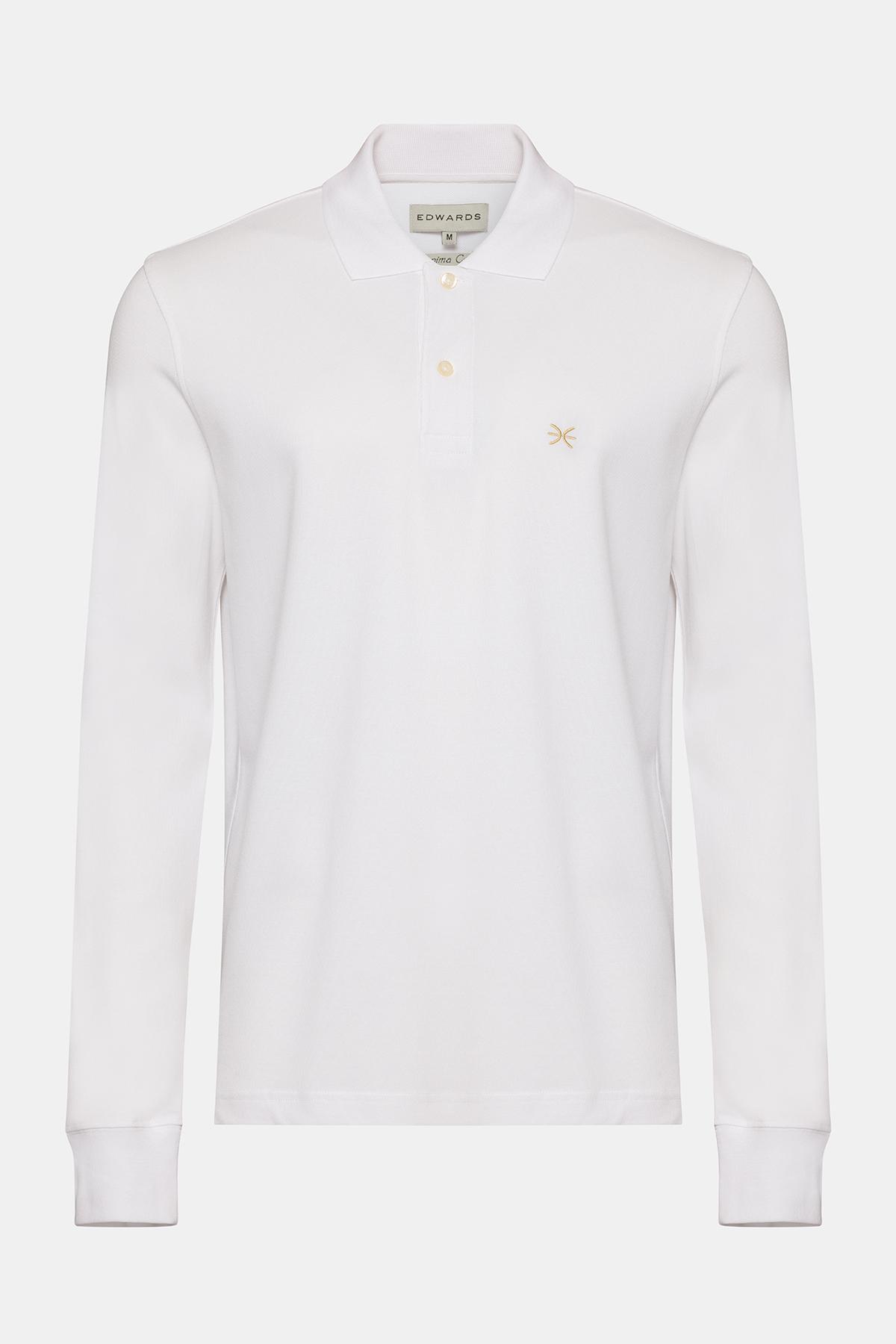  Erkek Beyaz Uzun Kollu Polo Yaka T-Shirt