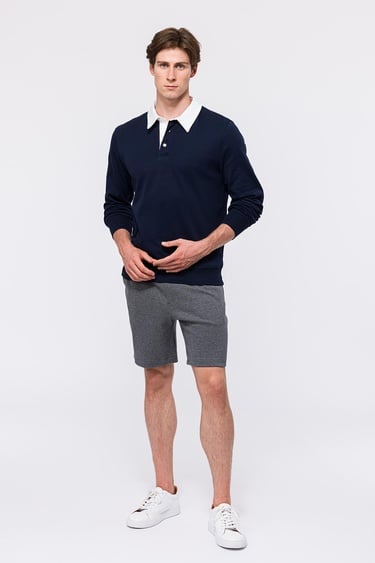  Erkek Lacivert Polo Yaka Organik Pamuklu Rugby Sweatshirt