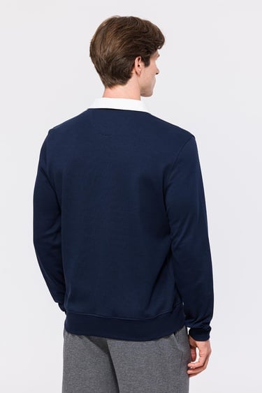  Erkek Lacivert Polo Yaka Organik Pamuklu Rugby Sweatshirt