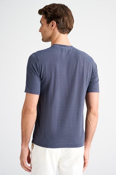  Erkek Mavi Bisiklet Yaka Keten T-Shirt