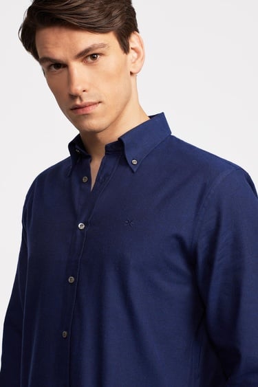  Erkek Lacivert Cooper Fit Düğmeli Yaka Flannel Gömlek