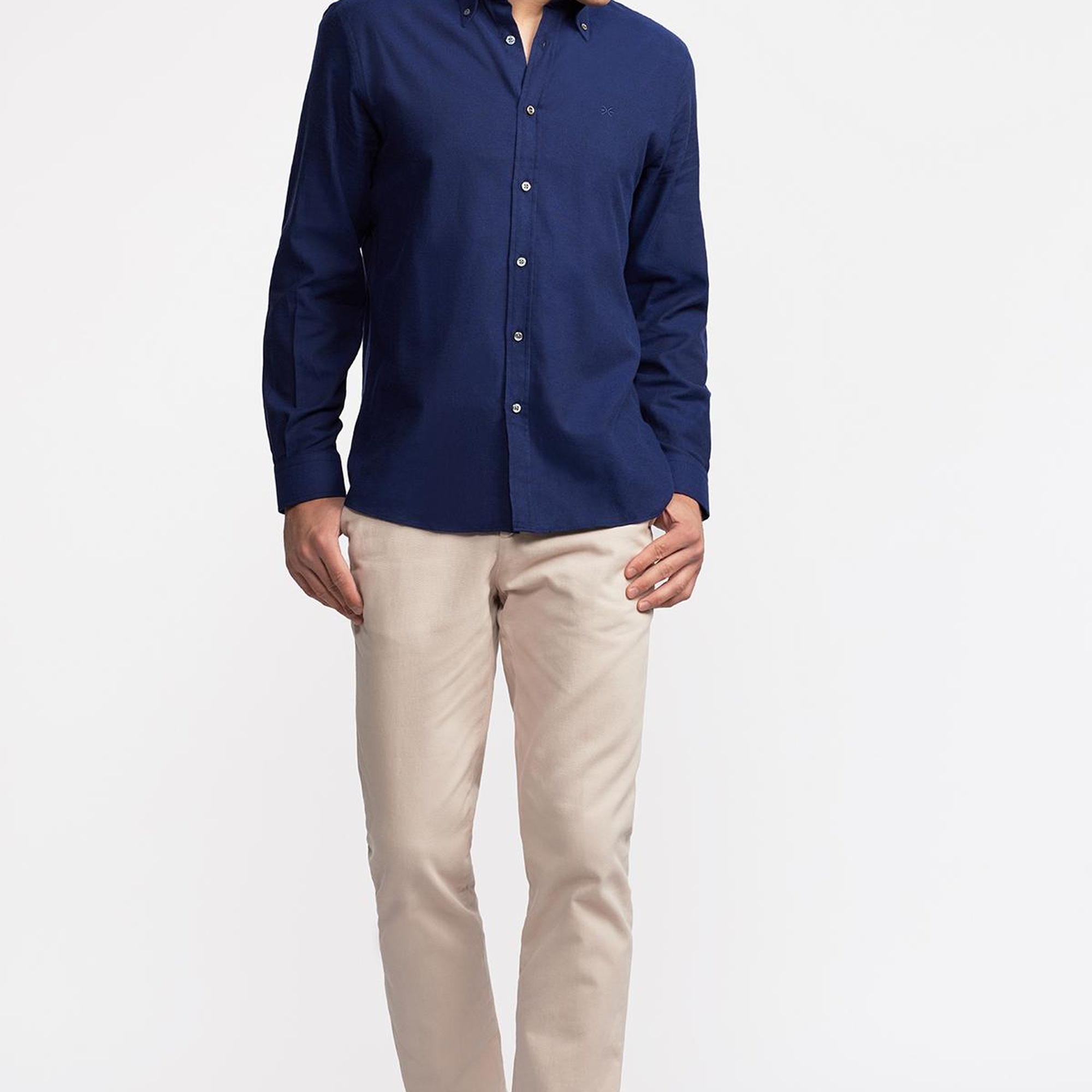 Erkek Lacivert Cooper Fit Düğmeli Yaka Flannel Gömlek