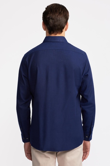  Erkek Lacivert Cooper Fit Düğmeli Yaka Flannel Gömlek
