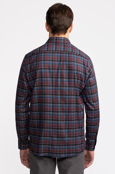  Erkek Bordo Cooper Fit Düğmeli Yaka Ekoseli Twill Gömlek