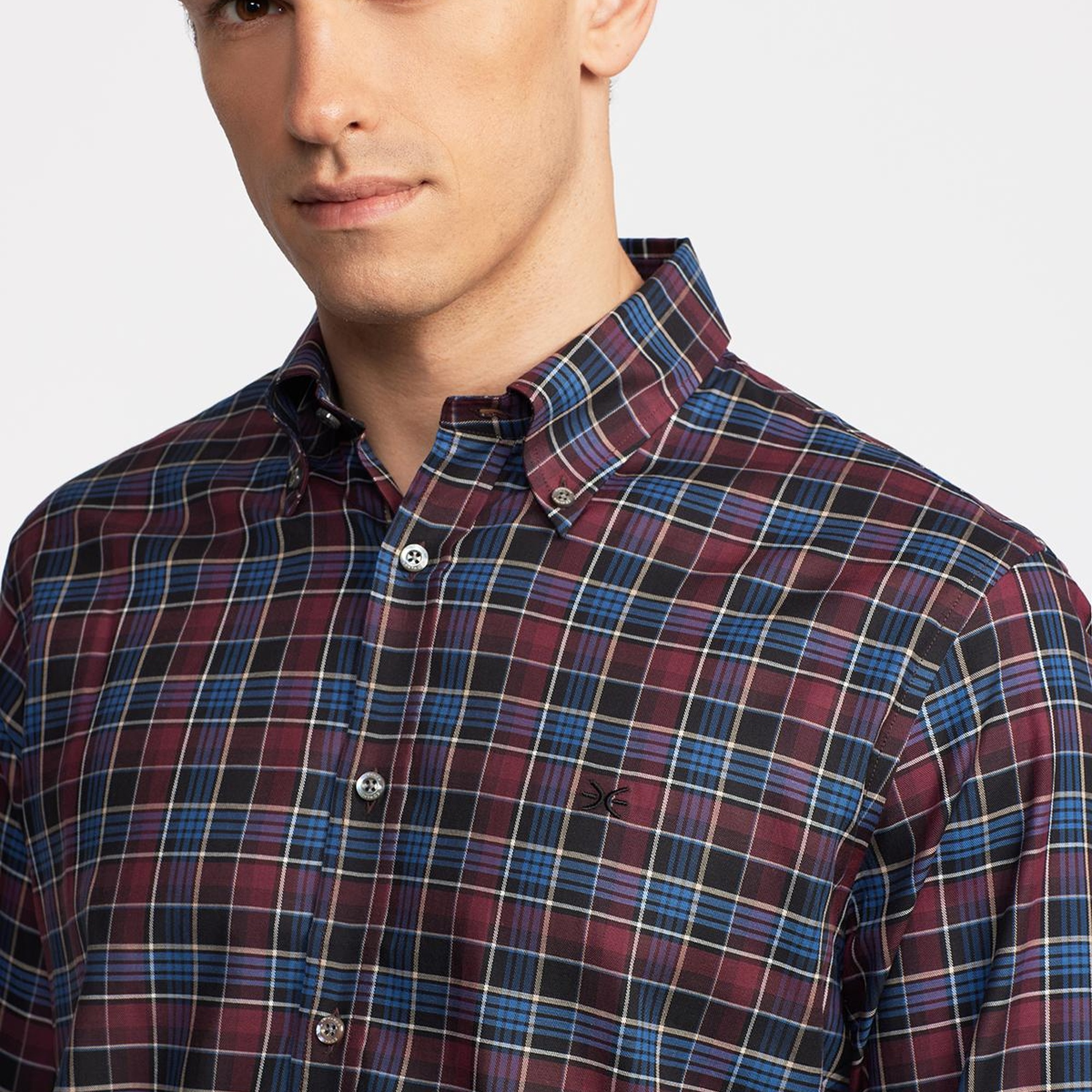 Erkek Bordo Cooper Fit Düğmeli Yaka Ekoseli Twill Gömlek