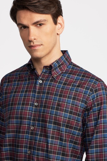  Erkek Bordo Cooper Fit Düğmeli Yaka Ekoseli Twill Gömlek