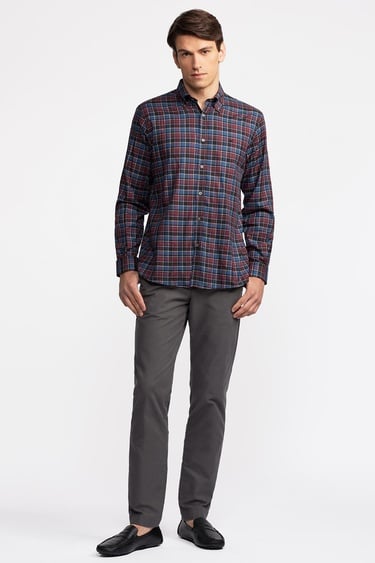  Erkek Bordo Cooper Fit Düğmeli Yaka Ekoseli Twill Gömlek