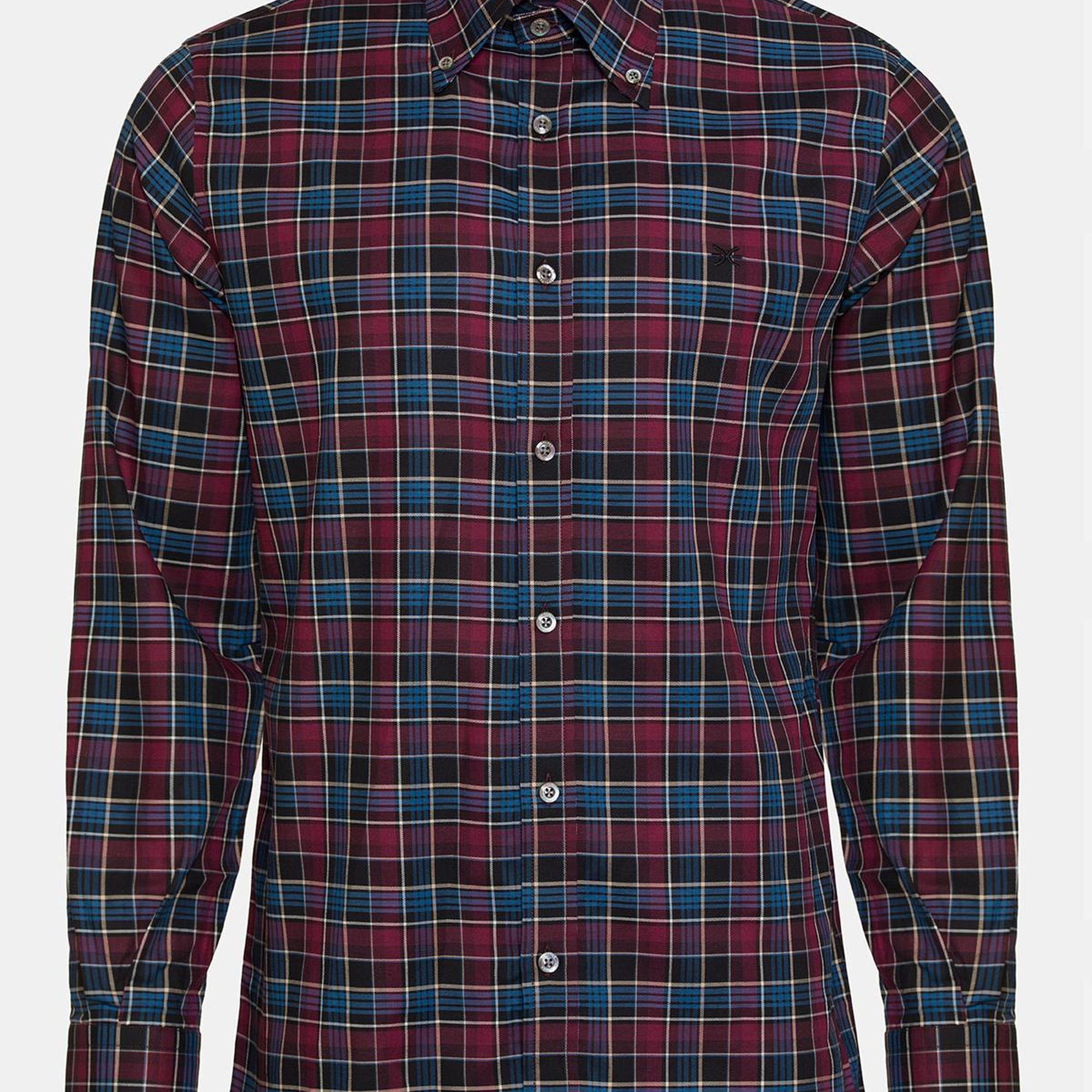 Erkek Bordo Cooper Fit Düğmeli Yaka Ekoseli Twill Gömlek