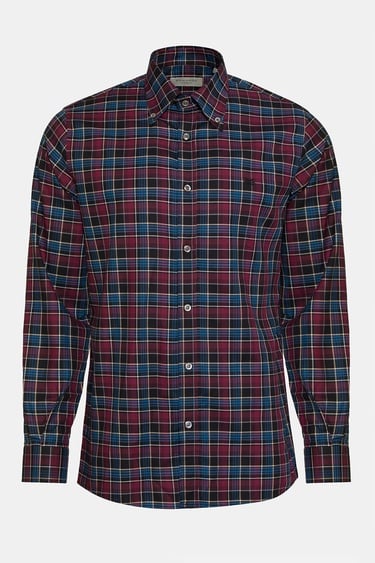  Erkek Bordo Cooper Fit Düğmeli Yaka Ekoseli Twill Gömlek