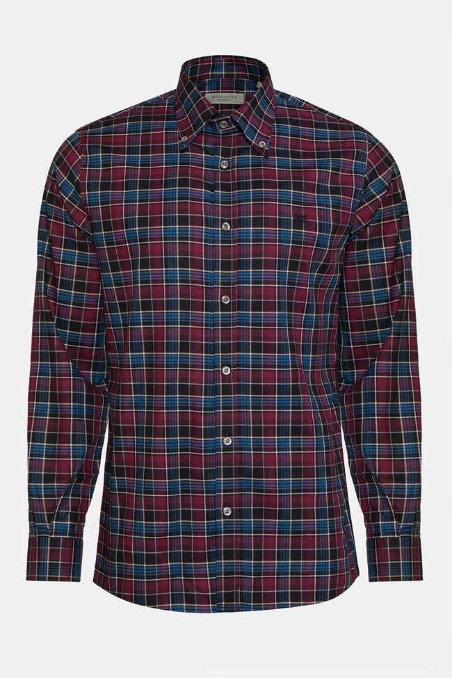  Erkek Bordo Cooper Fit Düğmeli Yaka Ekoseli Twill Gömlek