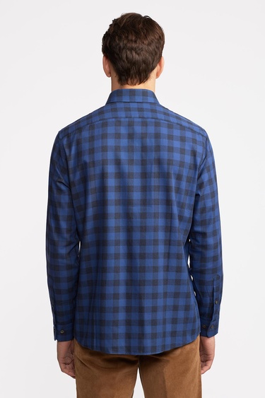  Erkek Mavi Cooper Fit Düğmeli Yaka Ekoseli Spor Gömlek