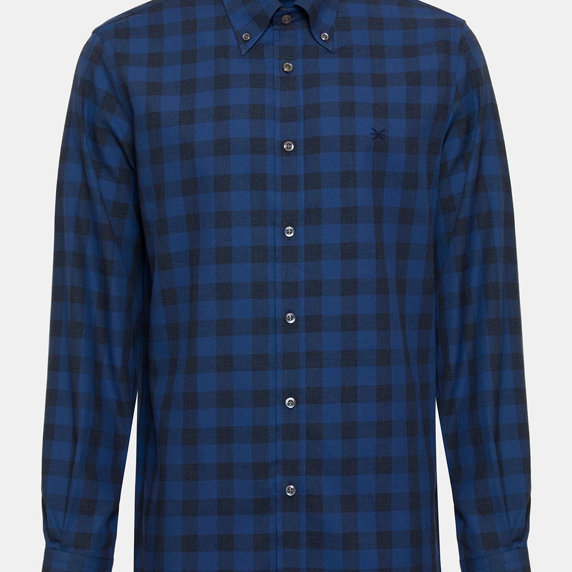 Erkek Mavi Cooper Fit Düğmeli Yaka Ekoseli Spor Gömlek