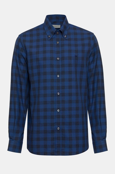  Erkek Mavi Cooper Fit Düğmeli Yaka Ekoseli Spor Gömlek