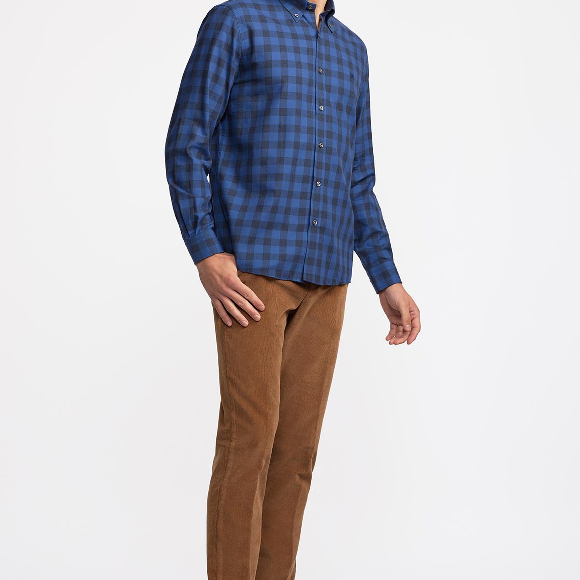 Erkek Mavi Cooper Fit Düğmeli Yaka Ekoseli Spor Gömlek