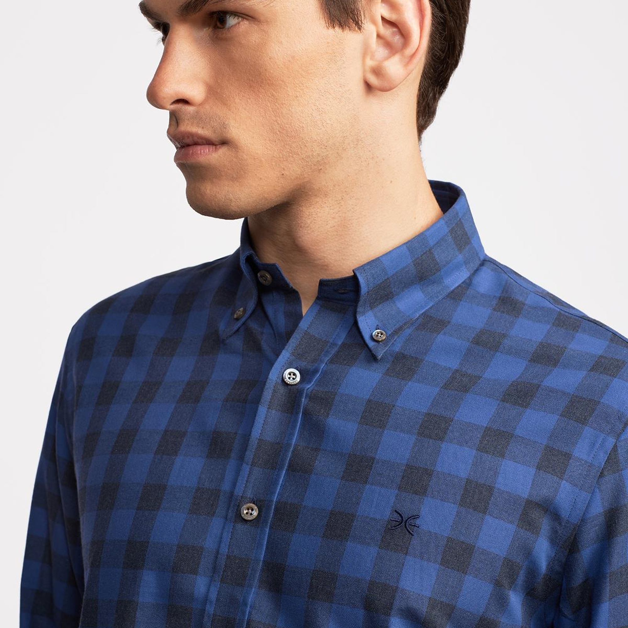 Erkek Mavi Cooper Fit Düğmeli Yaka Ekoseli Spor Gömlek