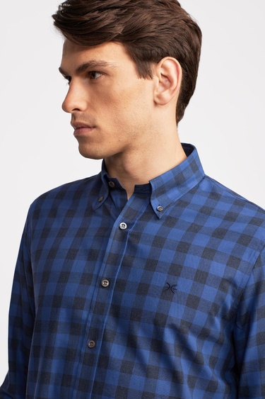  Erkek Mavi Cooper Fit Düğmeli Yaka Ekoseli Spor Gömlek