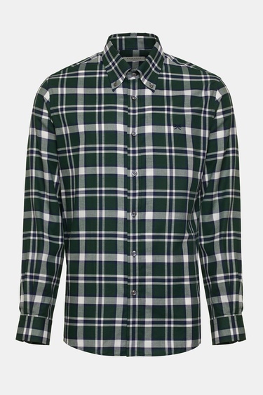  Erkek Yeşil Cooper Fit Düğmeli Yaka Organik Pamuklu Ekoseli Flannel Gömlek