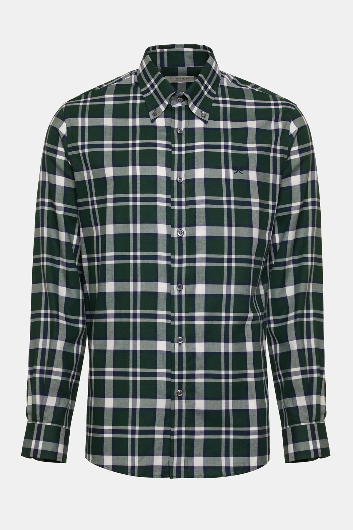  Erkek Yeşil Cooper Fit Düğmeli Yaka Organik Pamuklu Ekoseli Flannel Gömlek