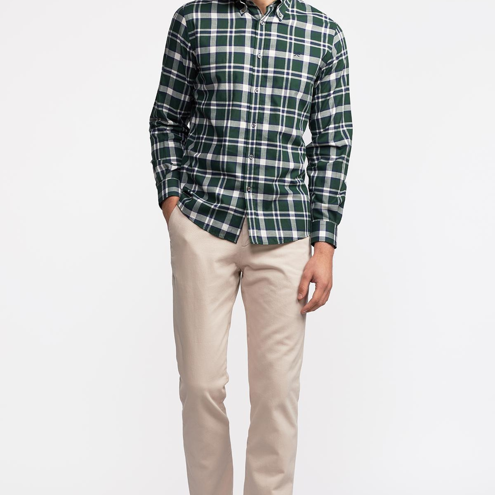 Erkek Yeşil Cooper Fit Düğmeli Yaka Organik Pamuklu Ekoseli Flannel Gömlek