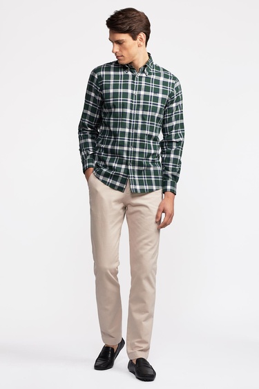  Erkek Yeşil Cooper Fit Düğmeli Yaka Organik Pamuklu Ekoseli Flannel Gömlek