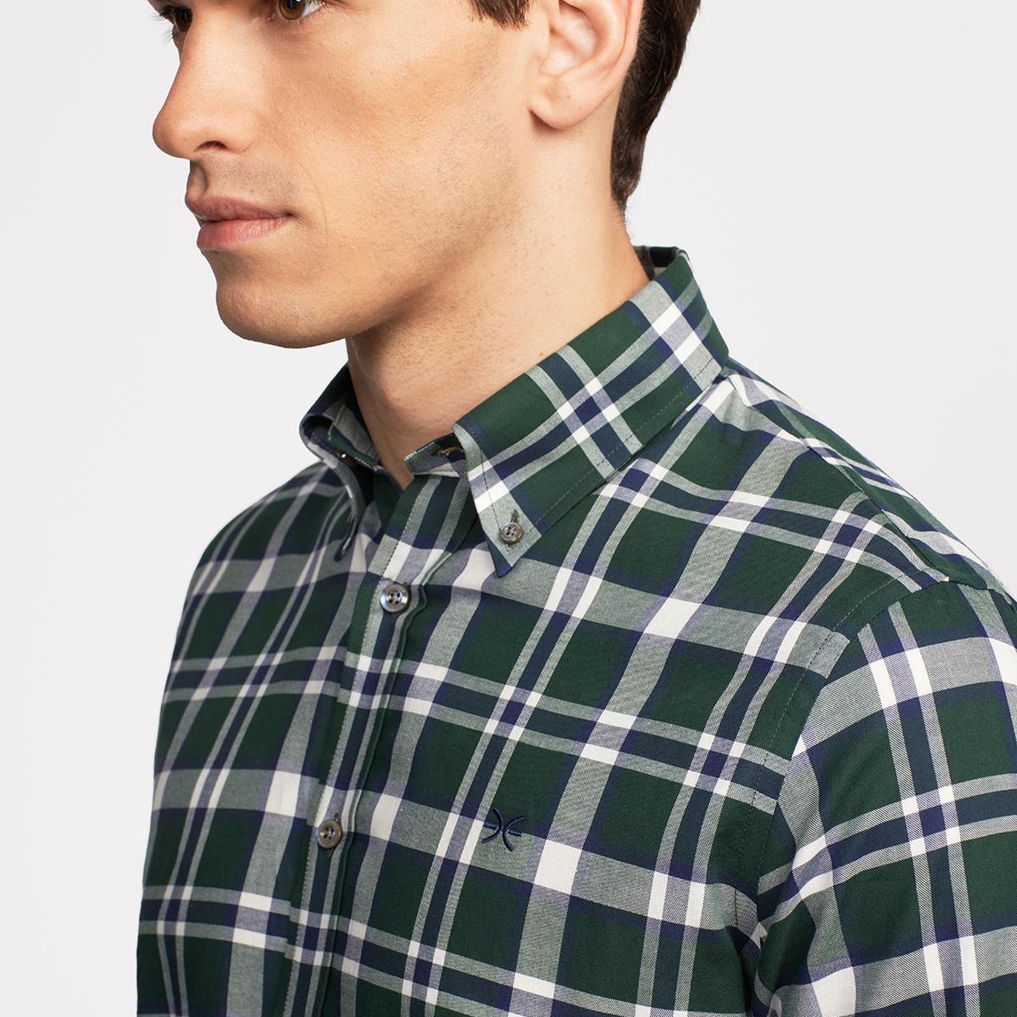 Erkek Yeşil Cooper Fit Düğmeli Yaka Organik Pamuklu Ekoseli Flannel Gömlek