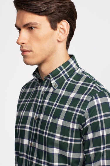  Erkek Yeşil Cooper Fit Düğmeli Yaka Organik Pamuklu Ekoseli Flannel Gömlek