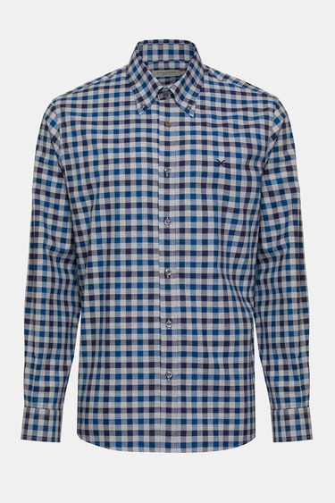  Erkek Mavi Cooper Fit Düğmeli Yaka Ekoseli Spor Gömlek