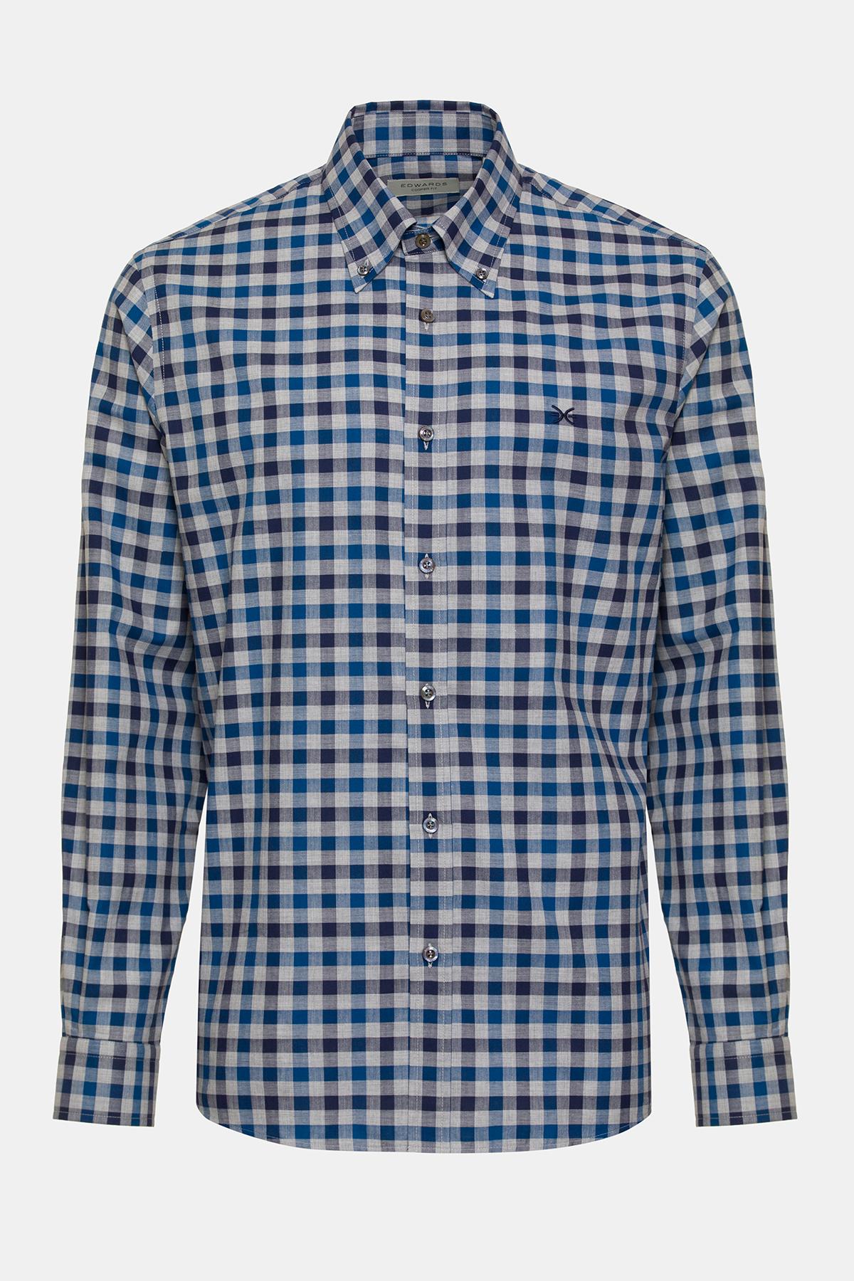  Erkek Mavi Cooper Fit Düğmeli Yaka Ekoseli Spor Gömlek