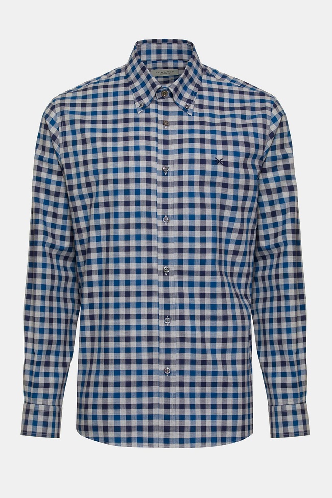  Erkek Mavi Cooper Fit Düğmeli Yaka Ekoseli Spor Gömlek