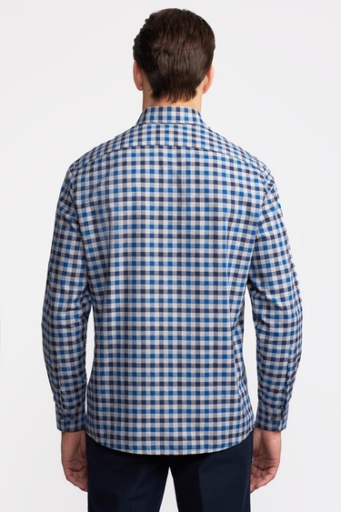  Erkek Mavi Cooper Fit Düğmeli Yaka Ekoseli Spor Gömlek