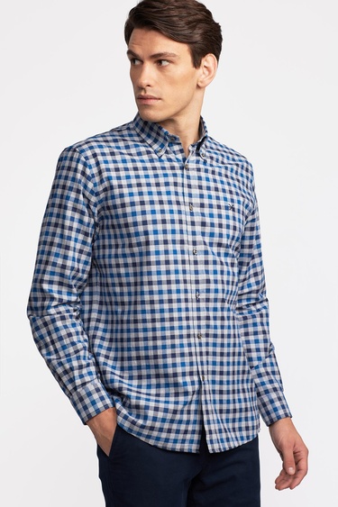  Erkek Mavi Cooper Fit Düğmeli Yaka Ekoseli Spor Gömlek