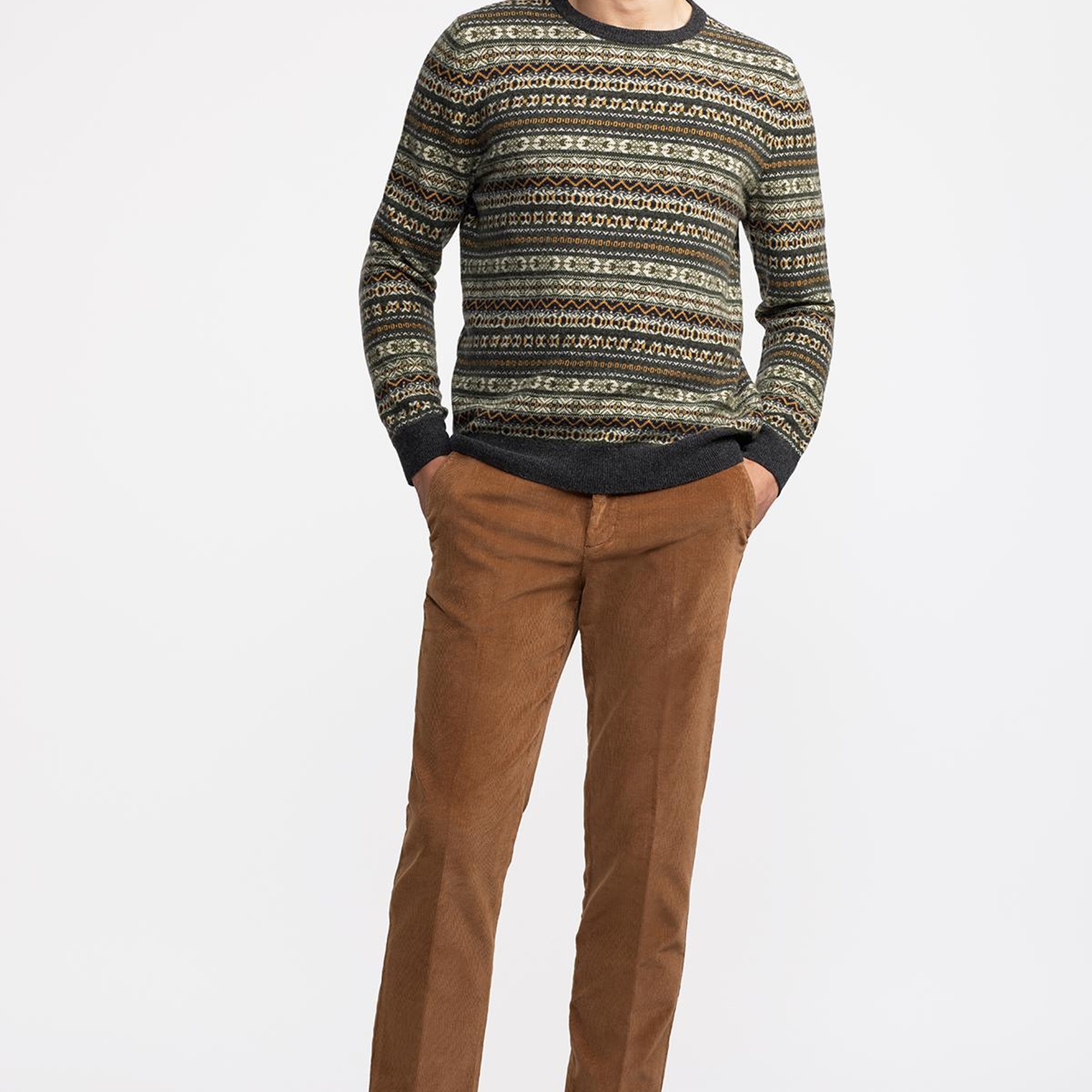 Erkek Antrasit Bisiklet Yaka Desenli Lambswool Kazak