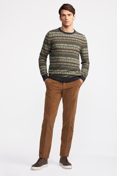  Erkek Antrasit Bisiklet Yaka Desenli Lambswool Kazak