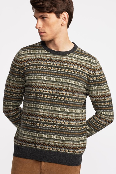  Erkek Antrasit Bisiklet Yaka Desenli Lambswool Kazak