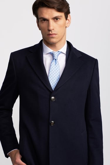  Erkek Lacivert Loro Piana Kumaşıyla Üretilmiş Mono Yaka Yün Palto