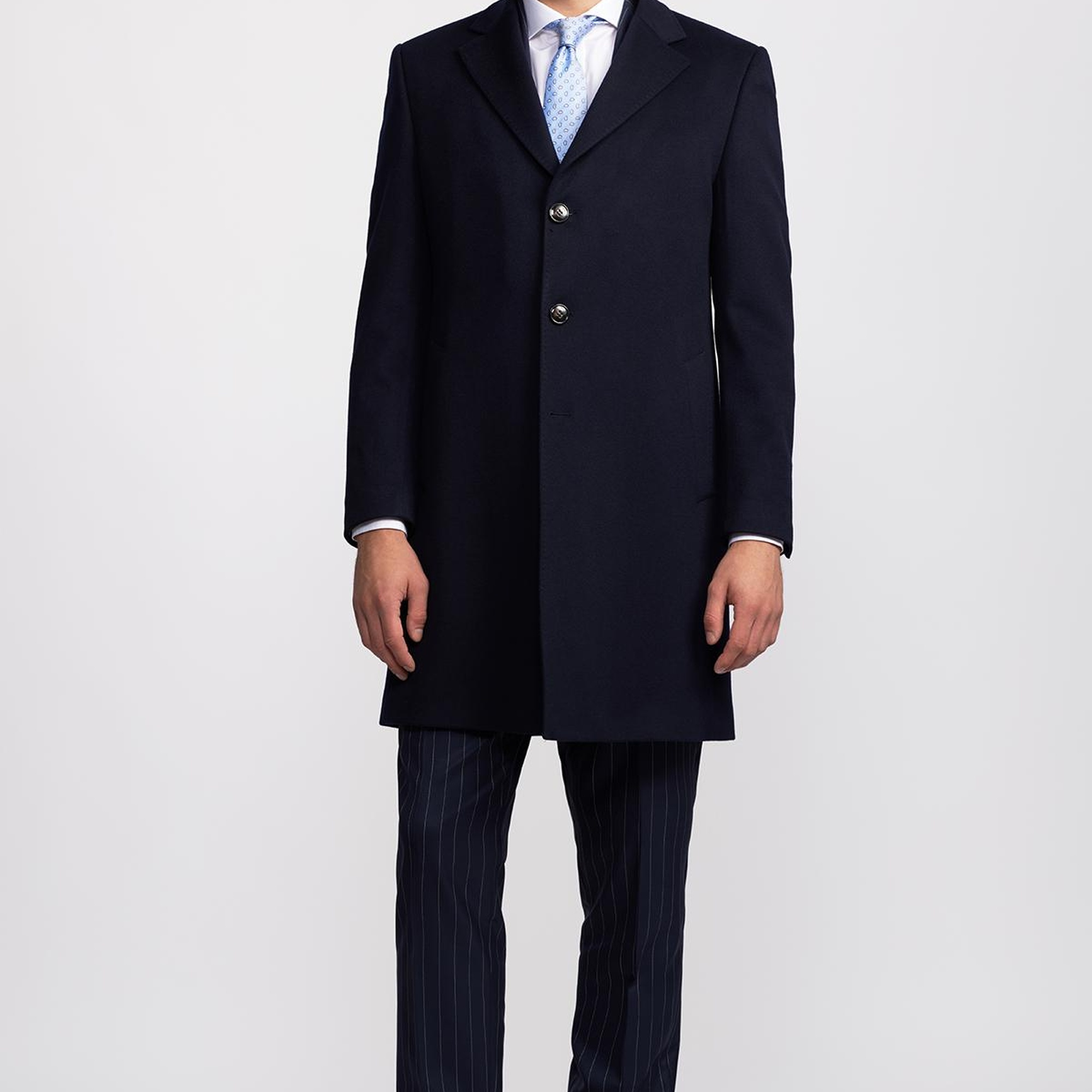 Erkek Lacivert Loro Piana Kumaşıyla Üretilmiş Mono Yaka Yün Palto