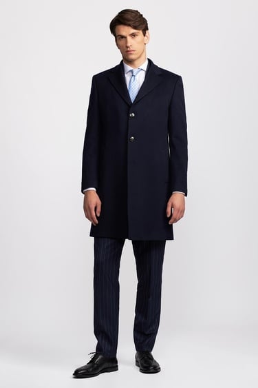  Erkek Lacivert Loro Piana Kumaşıyla Üretilmiş Mono Yaka Yün Palto