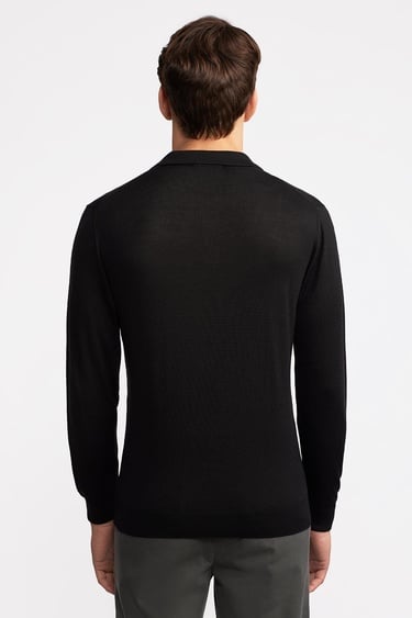  Erkek Siyah Yün Polo Yaka Kazak